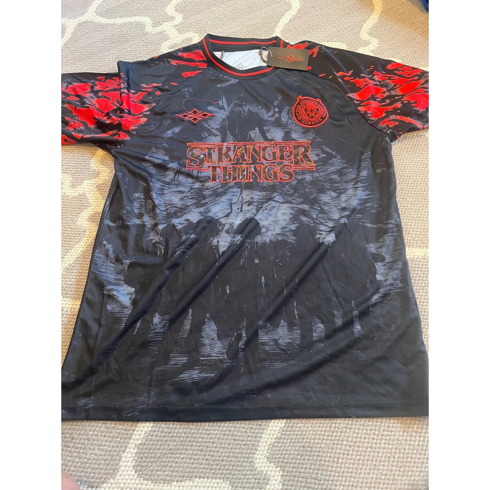 Stranger Things Hellfire Club Hawkins Jersey Black Red Graphic Shirt Mens XXL
